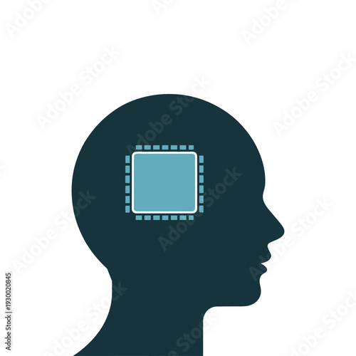 Human head silhouette displays a microprocessor chip embedded within the brain area for.