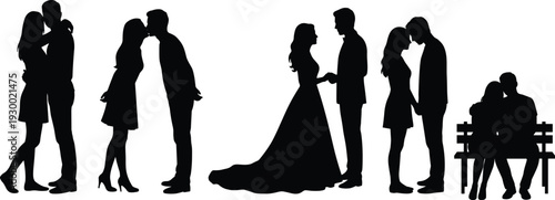 Couple silhouettes, romantic poses, love illustration, wedding design, relationship artwork, affectionate gesture, romantic icon, emotional connection concept