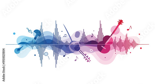 Colorful abstract illustration of music and sound waves with instruments