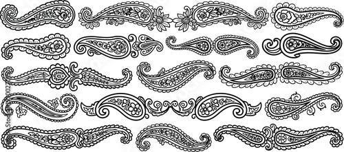 Black and white paisley on white background patterns swirls