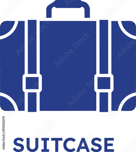 Classic blue suitcase with white accents depicting a vintage travel bag with straps and handle symbolizing journey and adventure isolated on transparent background