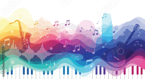Colorful abstract musical art with instruments and musical notes
