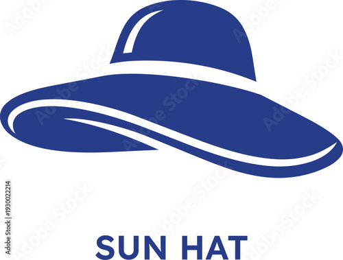 Blue sun hat icon with wide brim and text 'sun hat' isolated on transparent background