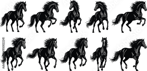 Black horse silhouette vector set with different galloping and standing poses isolated on white background for equine logo and branding