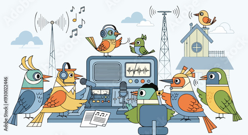 Colorful birds broadcast from a studio