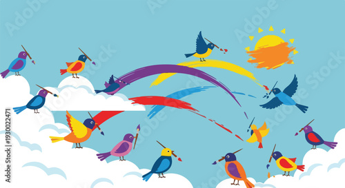 Colorful birds painting the sky with large, whimsical brushstrokes, sunshine