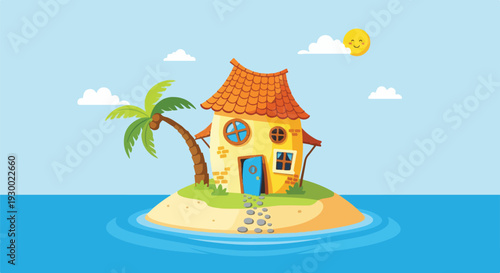 Colorful cartoon of a house on a tropical island with a smiling sun