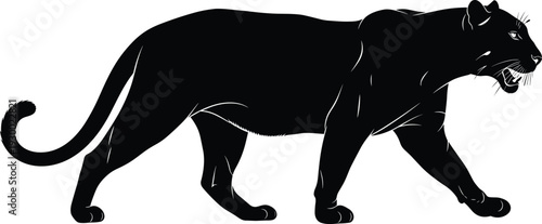 Black panther silhouette vector illustration of a wild big cat walking with open mouth isolated on white background for logo