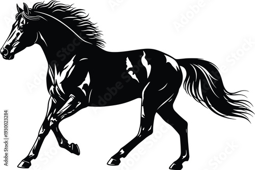 Black stallion horse silhouette running fast with flowing mane isolated on white background for equestrian sports logo and wild animal branding.