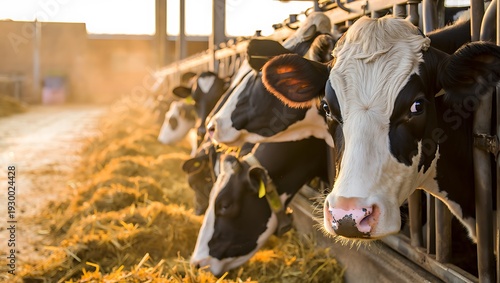 Holstein dairy cows feeding on hay inside sunny barn. Rural livestock agriculture production, organic milk farming, sustainable animal husbandry, modern cattle industry concept.