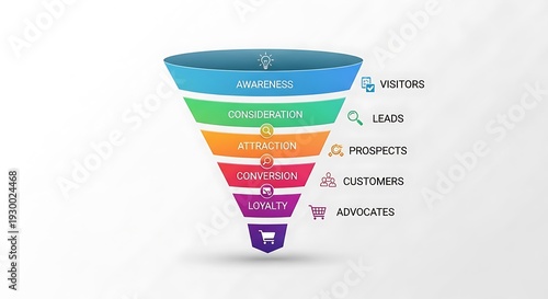 Sales Funnel Diagram with Stages from Visitors to Advocates.
