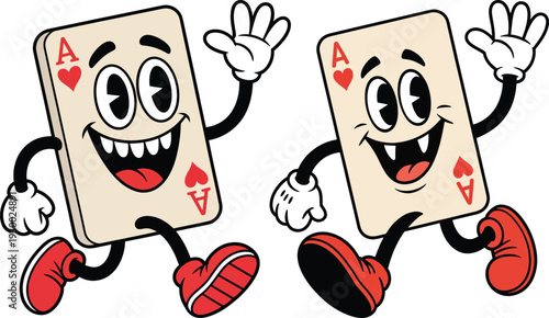 Two joyful ace of hearts playing card characters with happy faces and waving hands