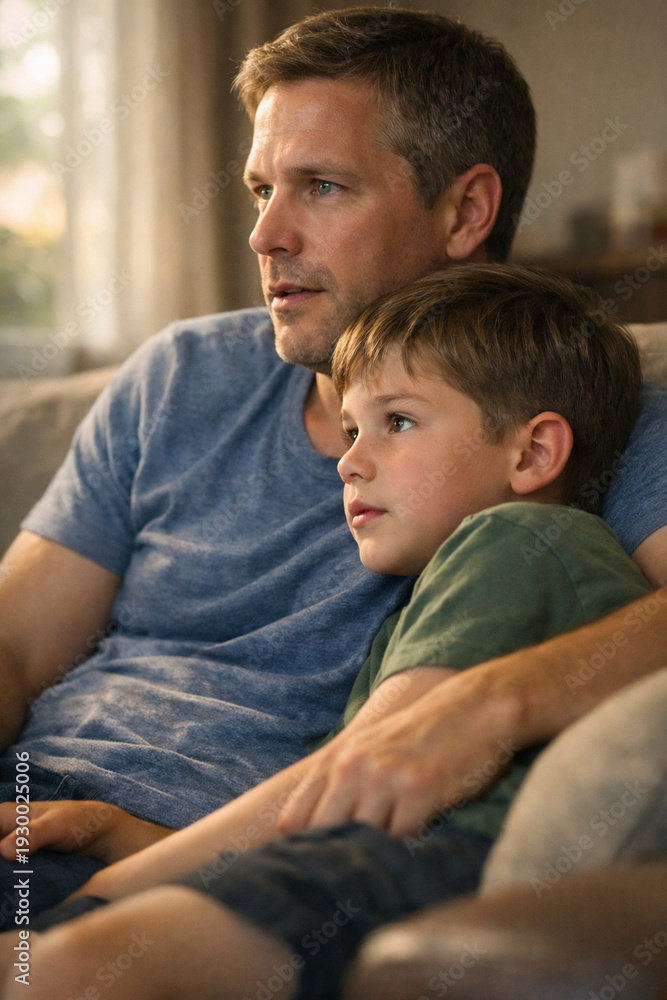 Fototapeta premium Father and son relaxing on couch together watching sports