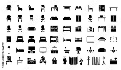Black Furniture Icon Set with Chairs, Tables, Beds, Sofas, Cabinets, and Interior Elements for Home Design, Office Planning, and Vector UI Illustrations