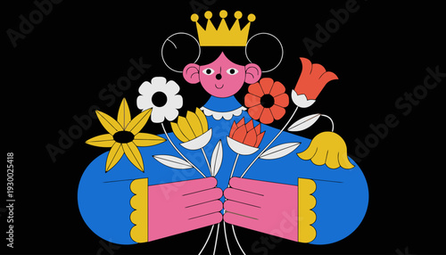 Vibrant cartoon queen holding colorful bouquet of flowers