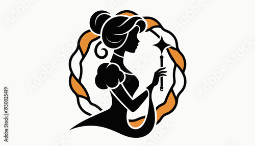 Elegant woman holding wand in modern silhouette art style
