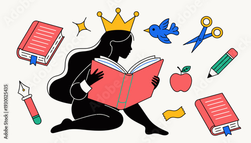 Woman reading book surrounded by school supplies and books