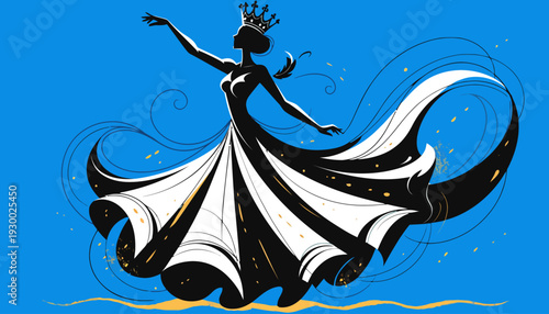Elegant woman in flowing gown dancing with crown on blue background