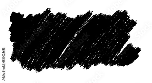 A black scribble mark with a rough texture, resembling a crayon or charcoal stroke on a white background