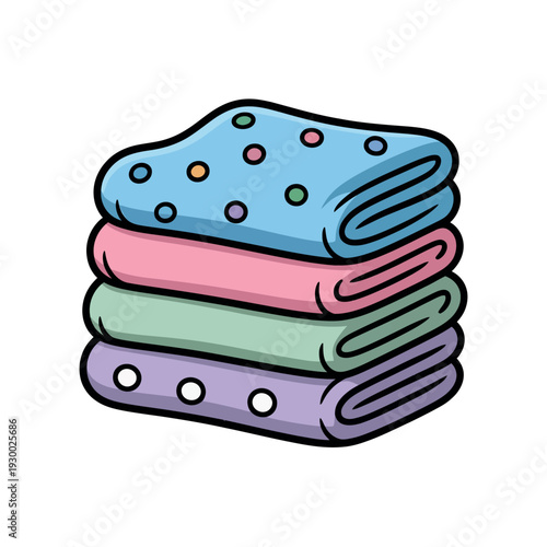 Stack of neatly folded colorful cloths featuring small polka dot patterns sits isolated on white.