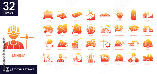 Set of 32 Mining icons in glyph gradient style.