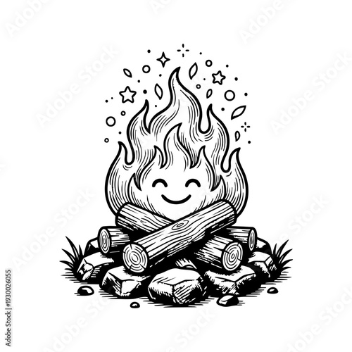 Cute smiling campfire with rounded flames and tiny sparks