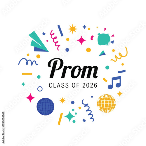 Colorful celebratory graphic for a school prom event, round frame design