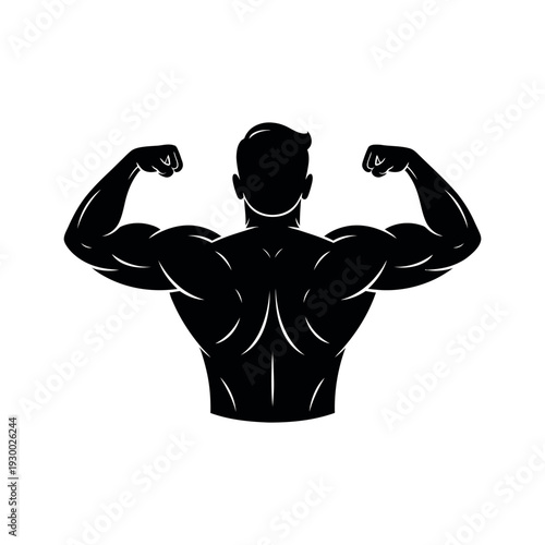 Silhouette of a muscular bodybuilder flexing his massive back and biceps muscles during a posing routine.