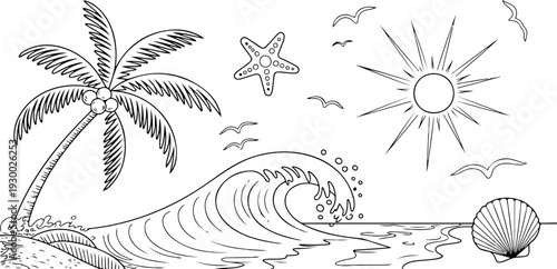 Tropical Beach Scene with Palm Tree Ocean Wave Starfish and Seashell Summer Vector Illustration