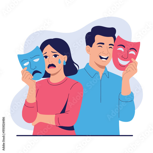 Couple holds contrasting happy and sad theatrical masks symbolizing emotional pretense and hidden true.