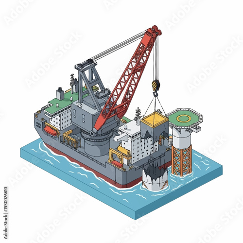 Heavy lift vessel installing offshore platform foundation.