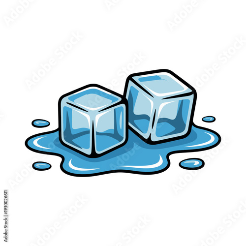 Two transparent ice cubes melt into puddles of clear water on a plain white surface illustrating extreme.