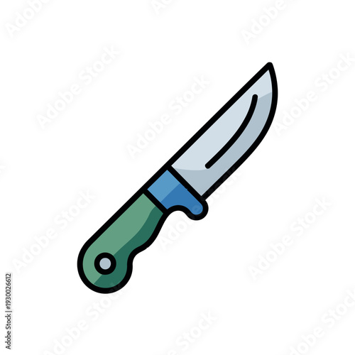 Sturdy fixed-blade camping knife with a green and blue handle is depicted ready for outdoor survival tasks.