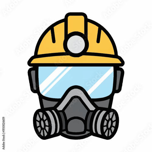 Industrial worker wearing hard hat and gas mask for safety.