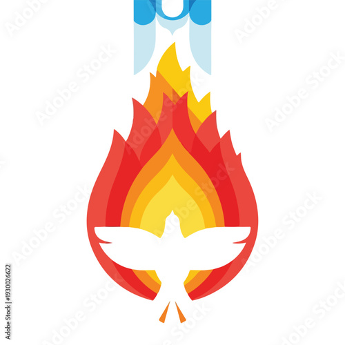 Colorful depiction of a bird in flames with a blue and white upper design