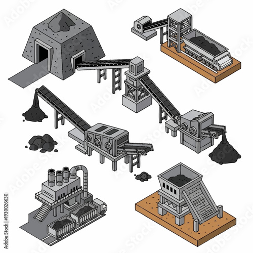 Isometric Coal Mining and Processing Facilities Set.