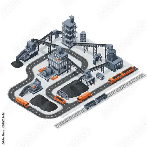 Isometric Coal Mining and Processing Plant with Trains and Conveyor Belts.