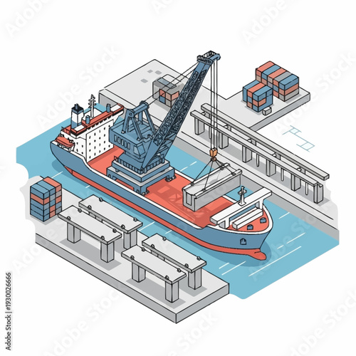 Isometric illustration of a cargo ship being loaded at a bustling port.