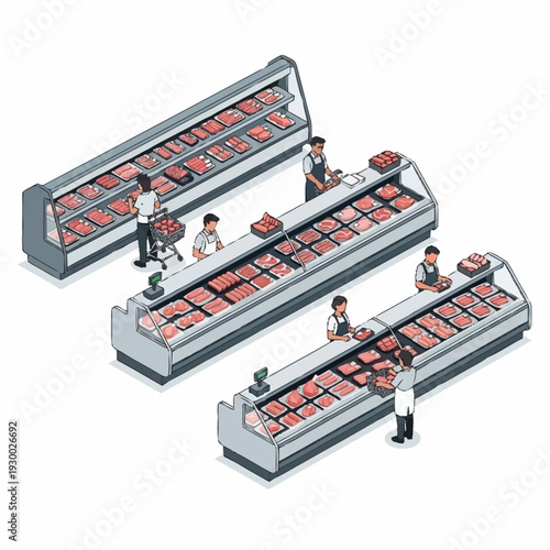 Isometric illustration of a bustling butcher shop with various meat displays and customers.