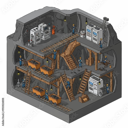 Isometric view of a multi-level underground mine with workers and machinery.