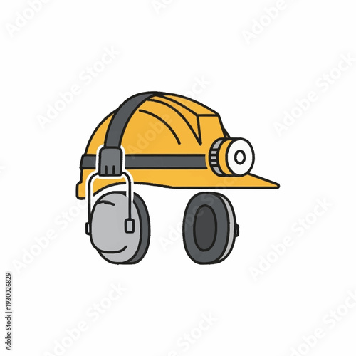 Mining hard hat with headlamp and ear protection safety equipment.