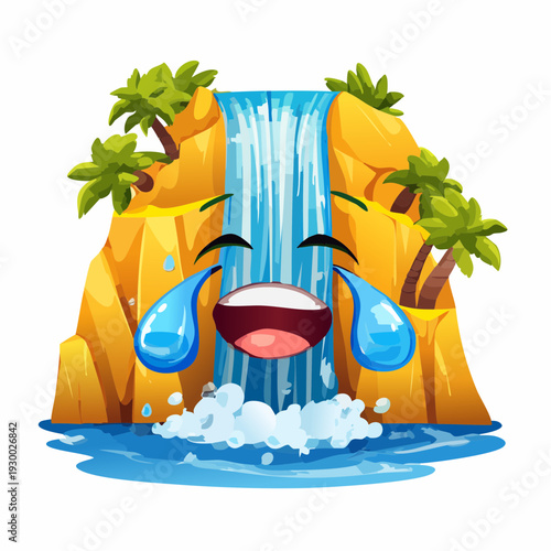 Cartoon Waterfall with a Face and Palm Trees.