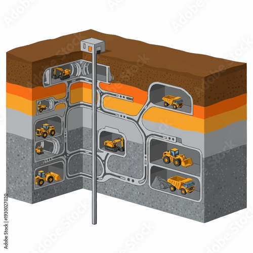 Underground mining operation with heavy machinery and layered earth cross-section.