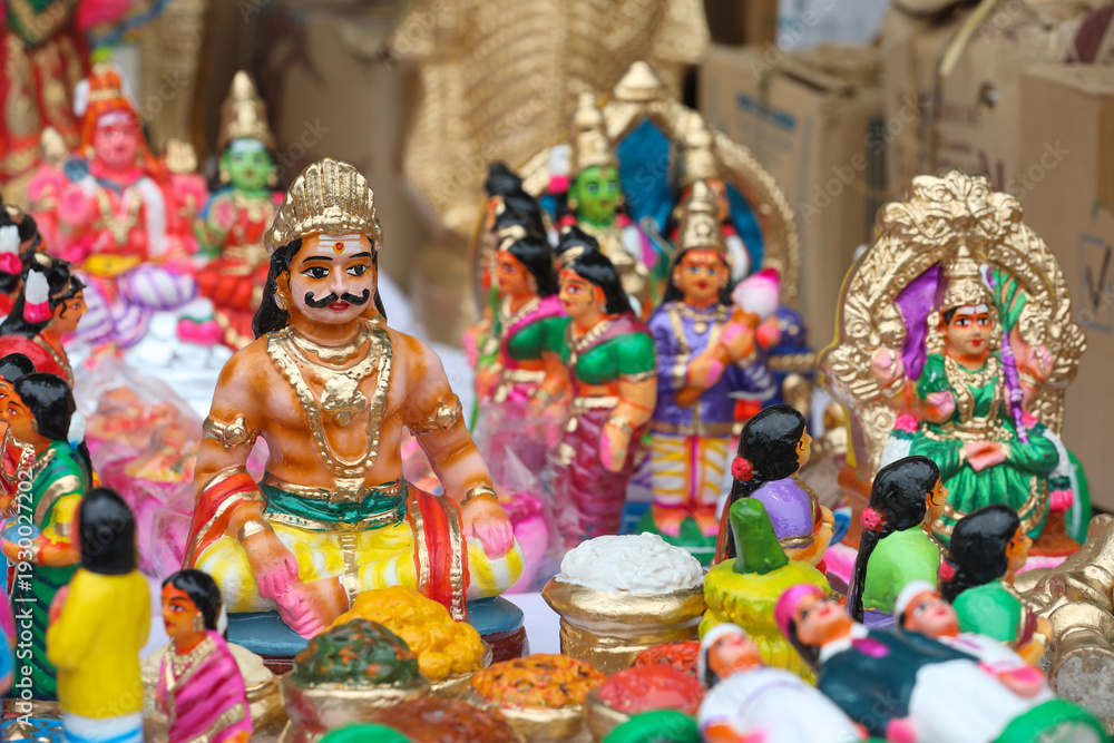 Fototapeta premium Ghatotkacha idol displayed for sale in a shop for the golu festival