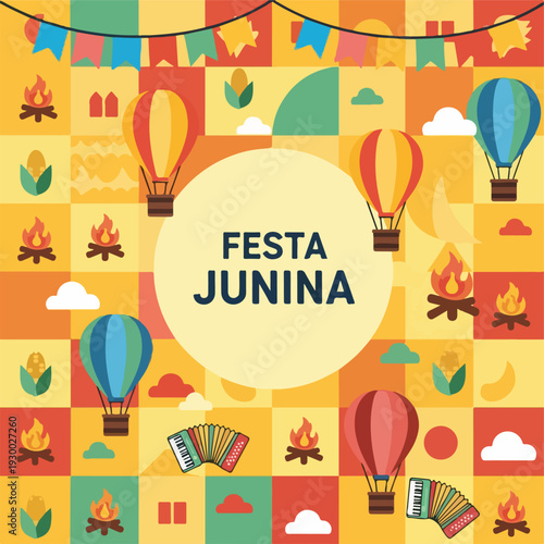 Colorful festive design with hot air balloons, bonfires, and accordion