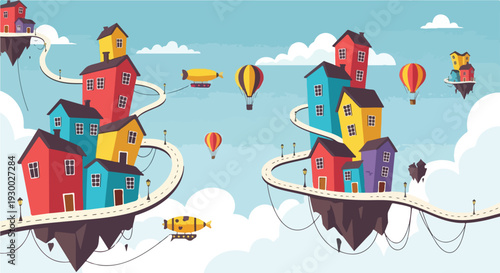 Colorful floating houses with connected roads and airships in the sky