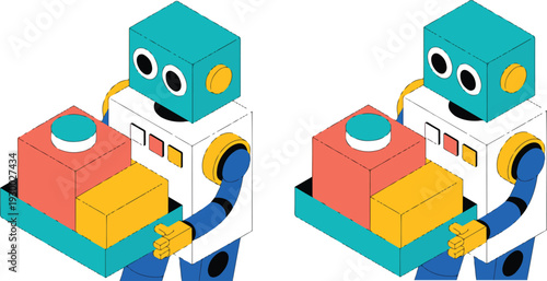 Isometric Vector Illustration of Friendly Humanoid Robot Holding Colorful Gift Box Future Tech Concept