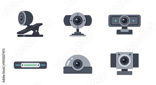 Collection of Six Different Webcams Displayed Flat Style.