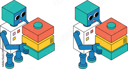 Isometric Vector Illustration of Friendly Humanoid Robot Holding Colorful Gift Box Future Tech Concept