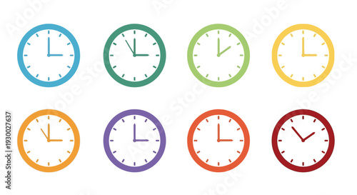 Colorful collection of analog clocks displaying various times.